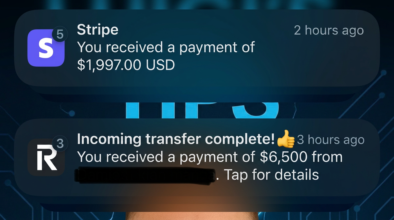 Stripe and Revolut notifications for $1,997 and $6,500 payments received