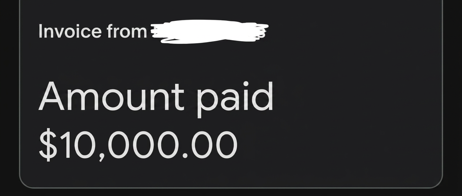 Invoice showing $10,000.00 amount paid