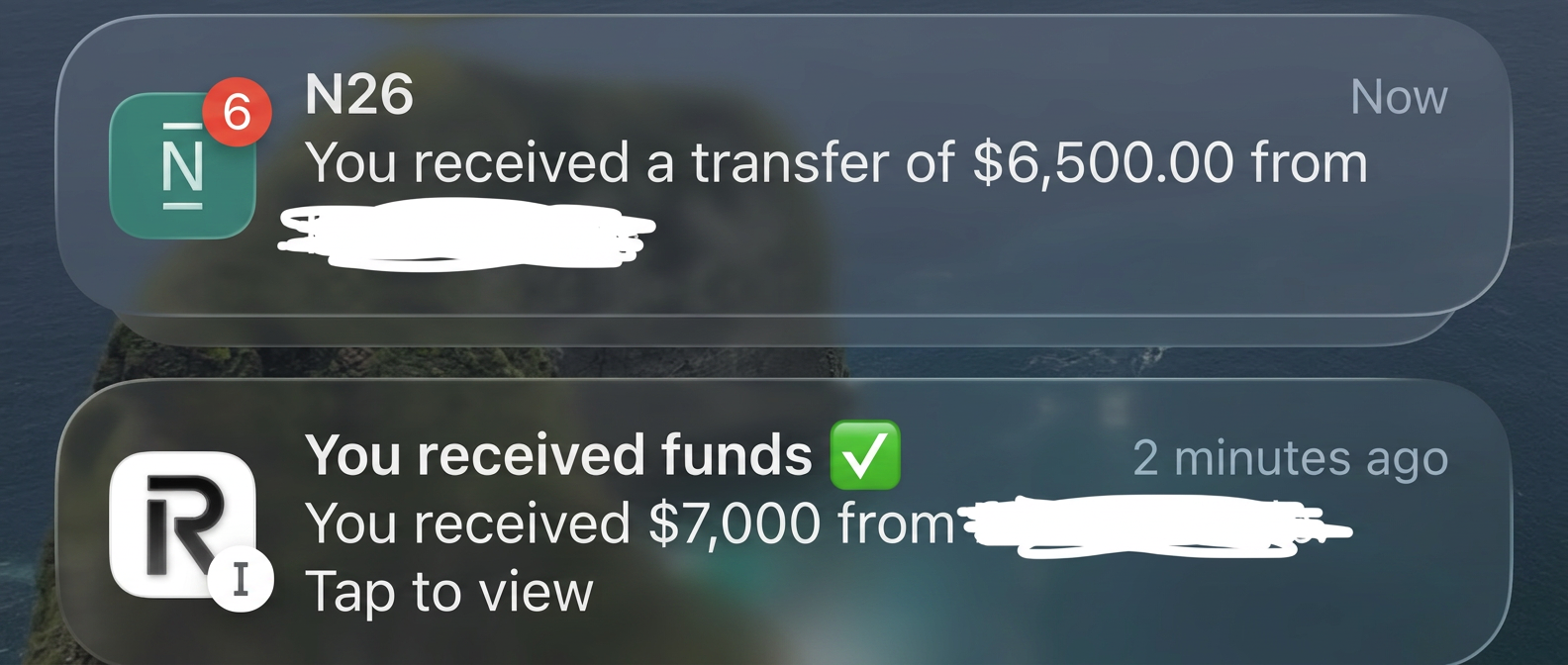 N26 and Revolut lockscreen showing $6,500 and $7,000 incoming payments