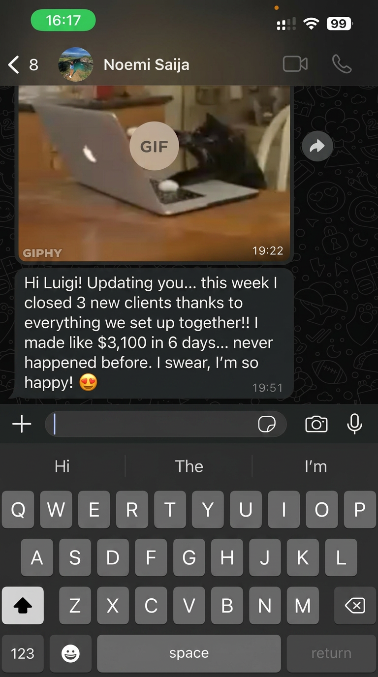 WhatsApp chat: 3 new clients closed and $3,100 made in 6 days