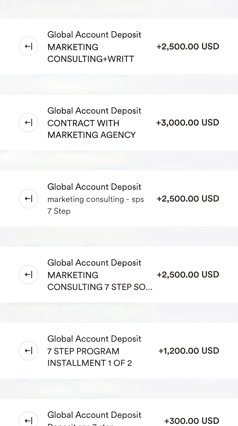Bank statement listing consulting deposits from $300 to $3,000